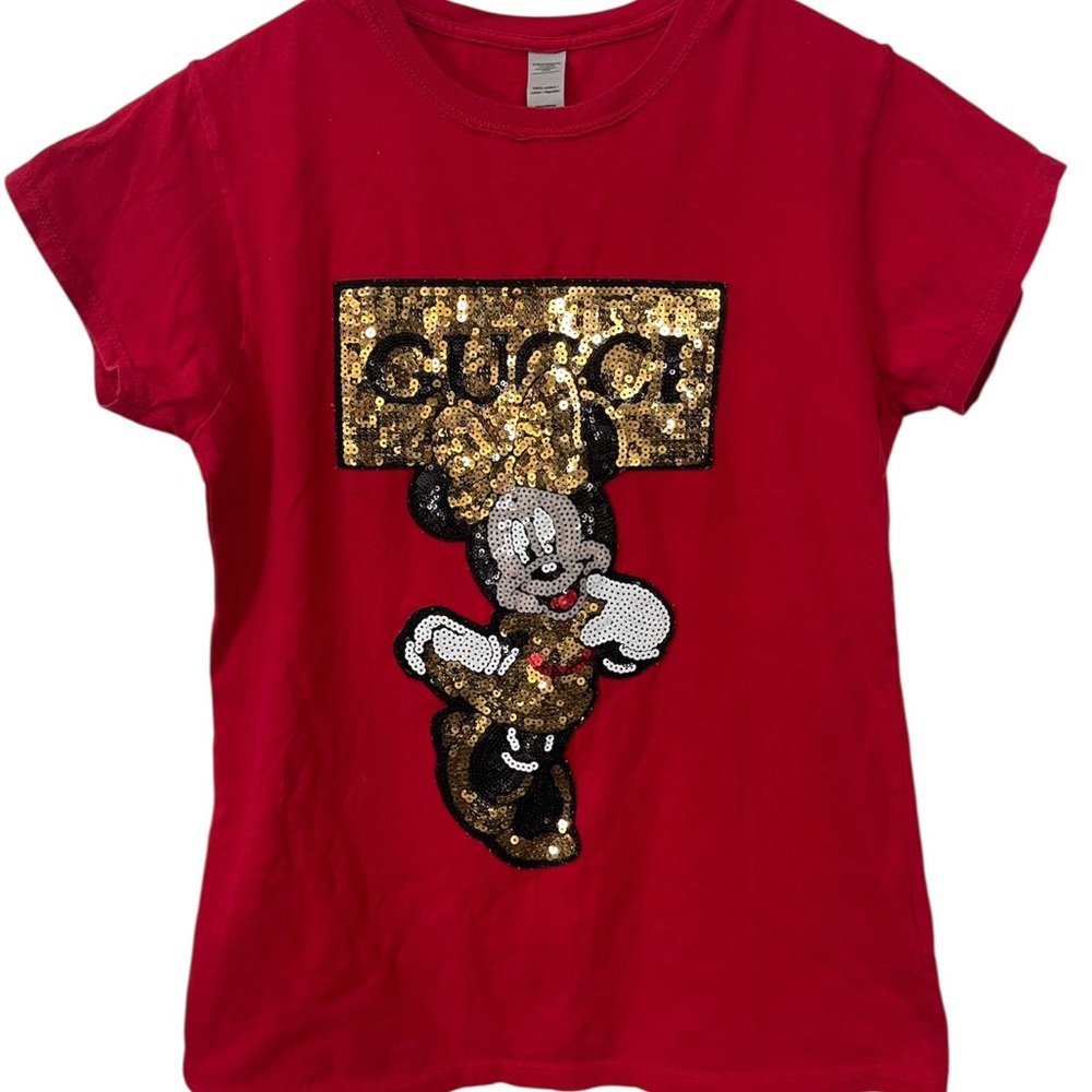 Girls Large Red Sequin Minnie Mouse T-Shirt Short Sleeve